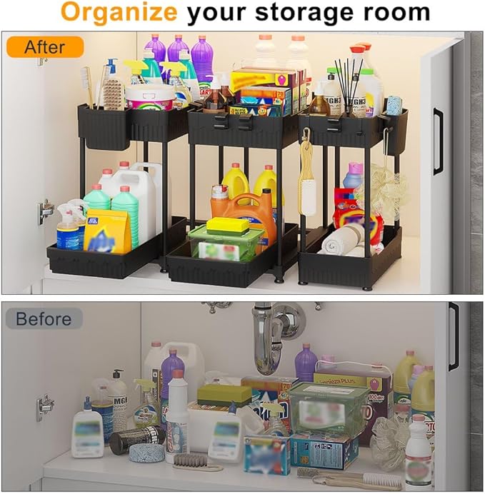3 Sets of Under Sink Organizers, 2-Tier Multi-Use Kitchen and Bathroom Organizers and Storage with Sliding Drawers,Bathroom Cabinet Organizer (Black)