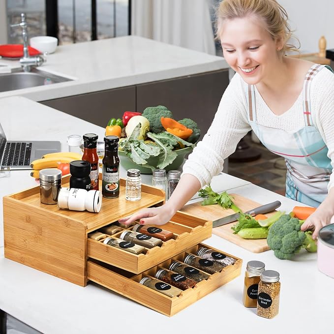 Jucoan Bamboo Spice Rack Organizer, 2-Tier Pull Out Spice Seasoning Shelf Holder 20-Bottles Seasoning Spices Jars Organizer for Kitchen Countertop Cabinet No Assembly Required