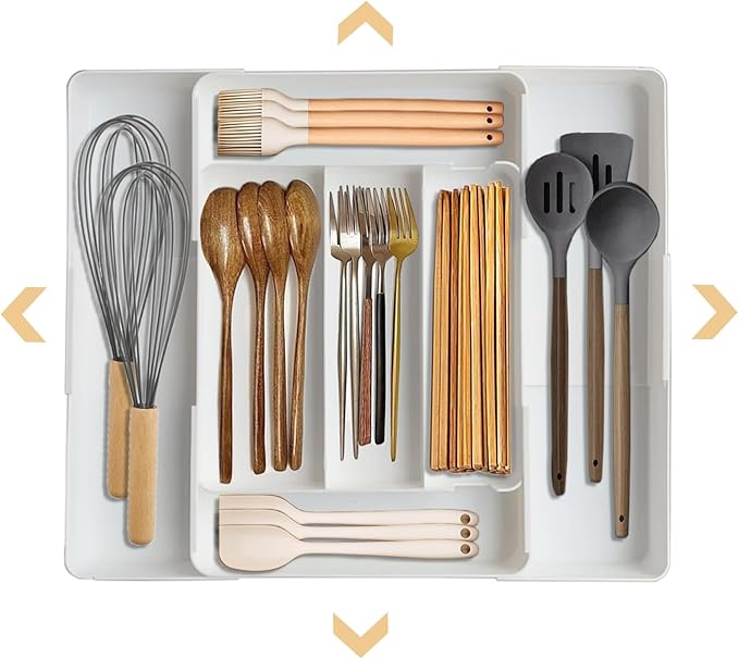 Utensil Organizer Silverware Drawer Organizer for Utensil Holder expandable in four directions W10.63∼20.08×D10.63∼20.08×H2 for Utensil Holder Makeup Desk Drawer Tool Organization (white)