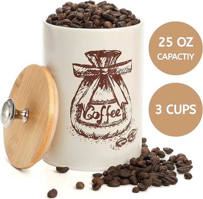 Youeon Small Canister Sets for Kitchen Counter, 25 Oz Coffee Sugar Tea Canister Set, Metal Vintage Kitchen Container 3 Pack, Food Storage Containers with Bamboo Lid, Farmhouse Decor, Beige