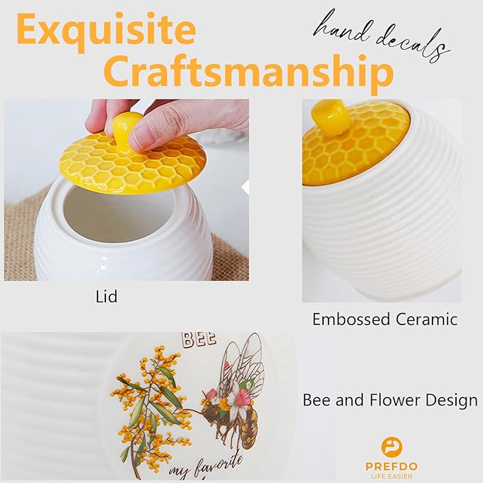 Ceramic Sugar Jar Sugar Bowl with Lid Kitchen Storage Canisters Honey Bee & Flower Pattern Candy Jar for Kitchen Counter Coffee Bar Party Table, 400ml/14oz