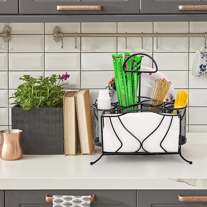 Bekith Silverware Caddy Paper Plate Napkin Holder, Utensil Holder with Handle, Countertop Flatware Caddy Portable Cutlery Storage Organizer for Kitchen, Picnic, Camping, Party, Metal Mesh, Black