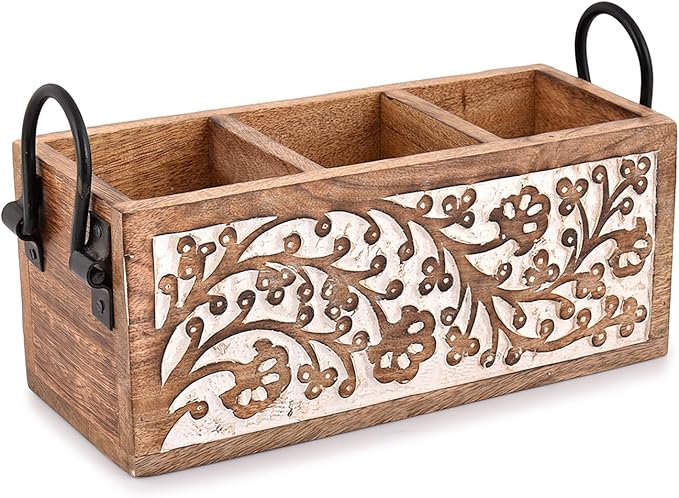 Mango Wood Utensil Drawer Organizer, Silverware Tray Organizer, Kitchen Drawer Organizer for Flatware Cutlery (11" x 4" x 4.5")