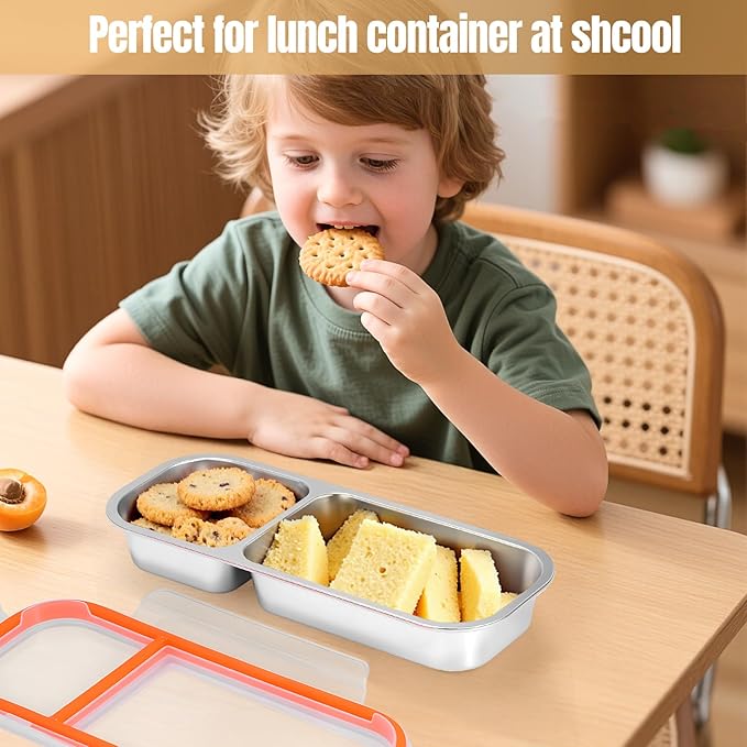 Stainless Steel Snack Containers - Reusable Double Compartment Condiment Box with Lids for Kids Adults, Grab and Go Divided Snack Food Storage Containers Sauce Cups for School, Travel