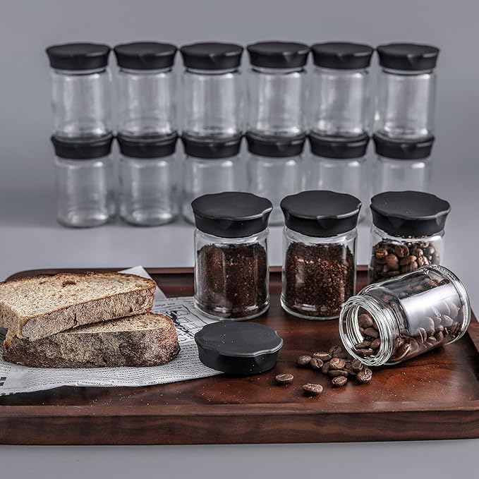 VEVOK CHEF Mini Glass Jars with Black Lids 2 pcs Food Storage Jar Kitchen Canister Small Coffee Tea Spice Storage Jar Set (4 Ounce) Gift