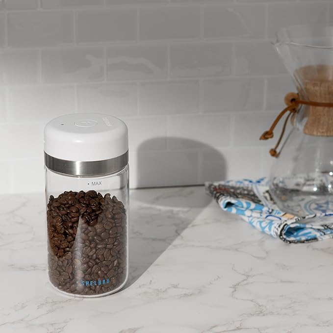 Smart Coffee Container & Food Storage w/Electric Vacuum Seal, Airtight Coffee Canister for Whole & Ground Bean Storage, Durable Borosilicate Glass Jar, Charging Cable Included, 10.5oz / 250g