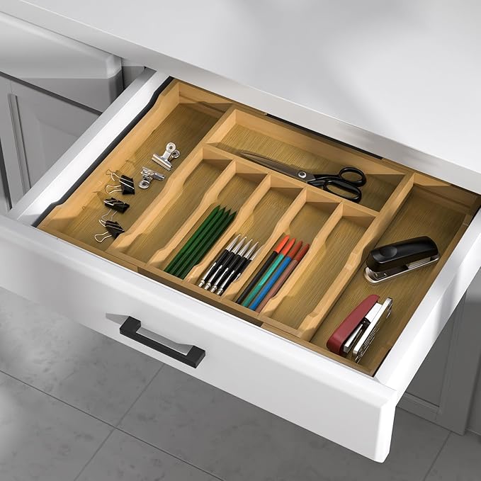 Bamboo Kitchen Drawer Organizer, 13" to 23" Expandable Utensils Organizer and Cutlery Tray Holder, Drawer Divider for Silverware, Flatware