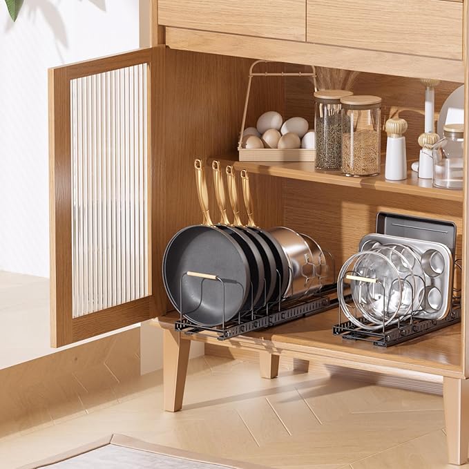 Pots and Pans Organizer under Cabinet, 2 Pack Pull out Pan Organizers inside Cabinet for Kitchen Cabinet Organizers and Storage with Adjustable Dividers and Handled Divider