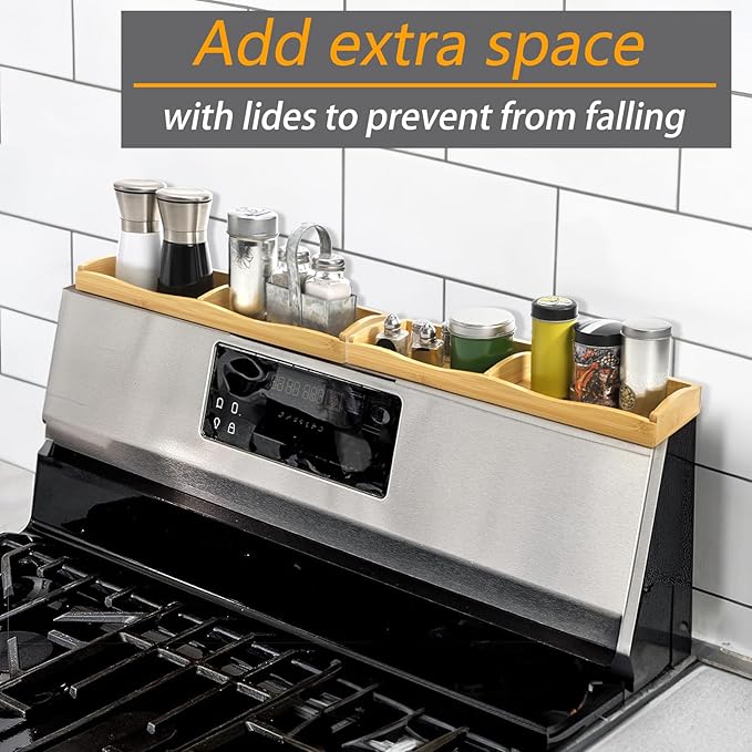 Yesland 30" Wide Stove Top Shelf Spice Rack Storage, Magnetic Bamboo Spices Shelf Flexible Seasoning Gadgets with 4 Functional Partitions for Home Stove Kitchen Storage Organization