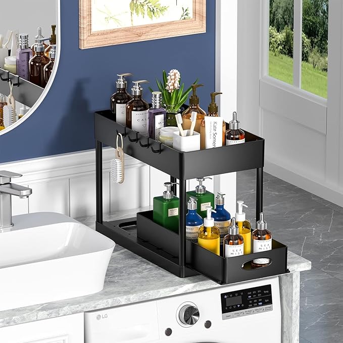 2 Pack Under Sink Organizers and Storage Bathroom, 2 Tier Under Sliding Kicthen Cabinet Basket Organizer with Hooks, Hanging Cup, Dividers, Handles, Multi-purpose Under Sink Shelf Organizer
