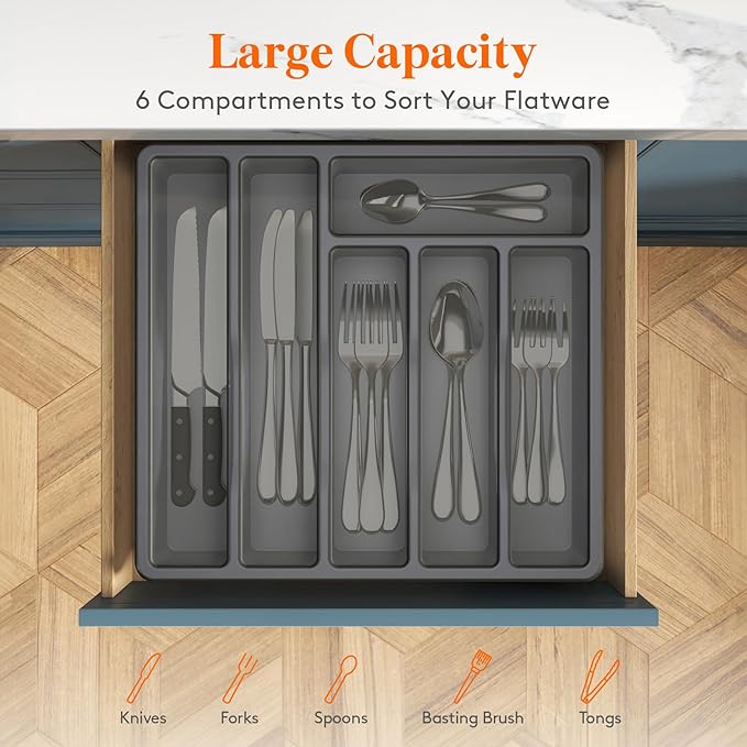 Lifewit Silverware Organizer with Lid, Covered Utensil Tray for Kitchen Drawer and Countertop, Plastic Cutlery and Flatware Storage Box for Spoons Forks Knives Holder, 6 Compartments, 2 Pack, Gray