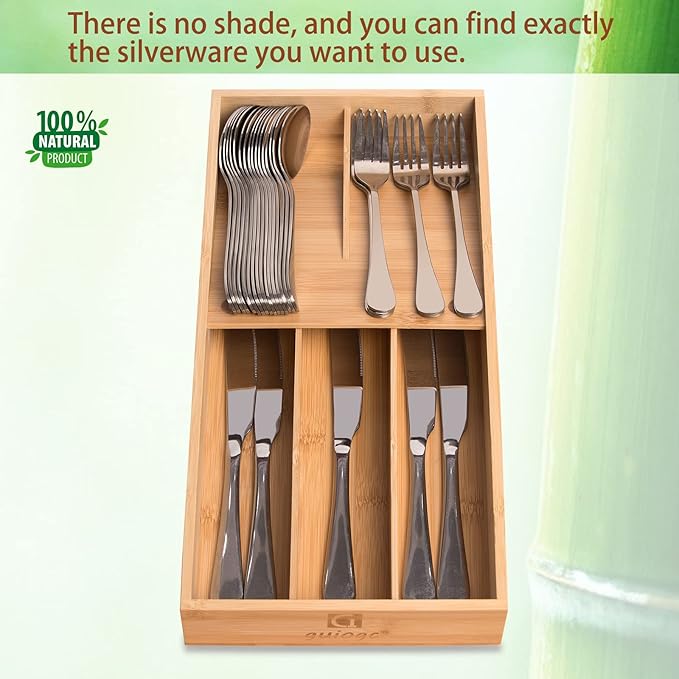 Bamboo Silverware Organizer, Kitchen Silverware Drawer Organizer, Utensil Tray Holder, Cutlery Tray for Spoons, Forks, Knives