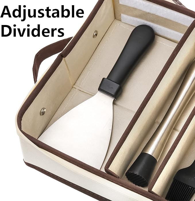 Hiceeden Silverware Organizer with Zipper Lid, 16.5"×10.6"×3.5" Flatware Storage Box with Adjustable Dividers and Handles, Portable Cutlery Holder Utensil Case for Spoon, Fork, Knife, 6 Compartment