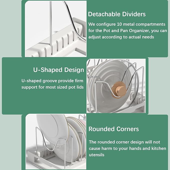 2 Pcs Pot and Pan Organizer, Expandable Pots and Pans Organizer Under Cabinet, Pot Lid Holder with 10 Adjustable Compartment for Bakeware, Cutting Boards, Lid, Dishes, Cookware (2 Pcs)