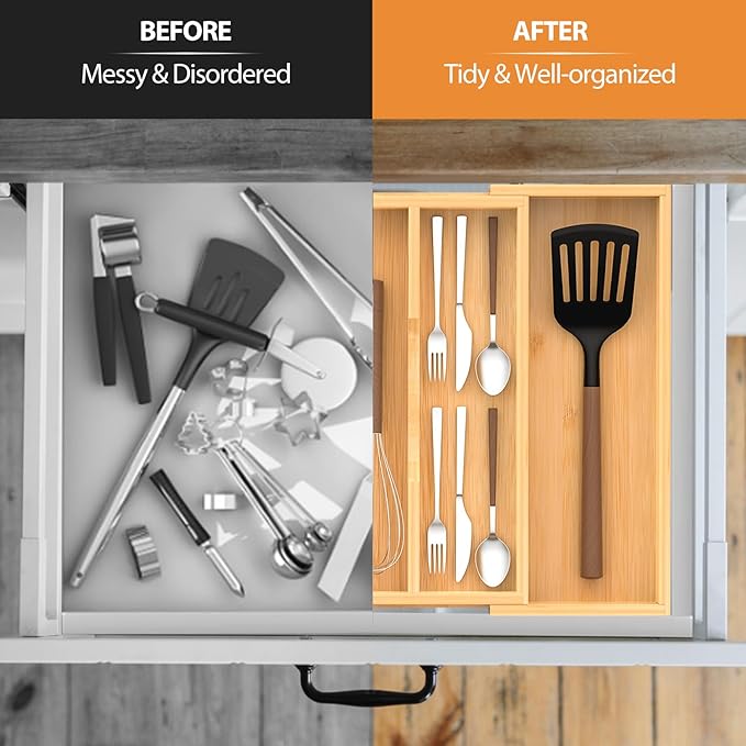 Bamboo Expandable Kitchen Drawer Organizer, 13" to 23" Adjustable Utensils and Cutlery Tray, Wood Drawer Organizer for Silverware Flatware