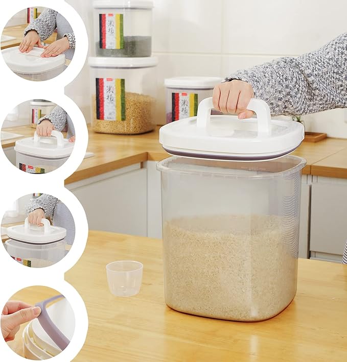 Rice Container 25 lbs,10.5 Qt/10 L/25 lbs Rice Dispenser Food Storage Bin with Measuring Cup & Brush Food Cereal Container Bins Household for Kitchen Pantry Organization(LG-10KG)