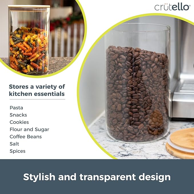 Crutello Glass Food Storage Container with Bamboo Lid - 100 oz Airtight Clear Kitchen Organization Canister
