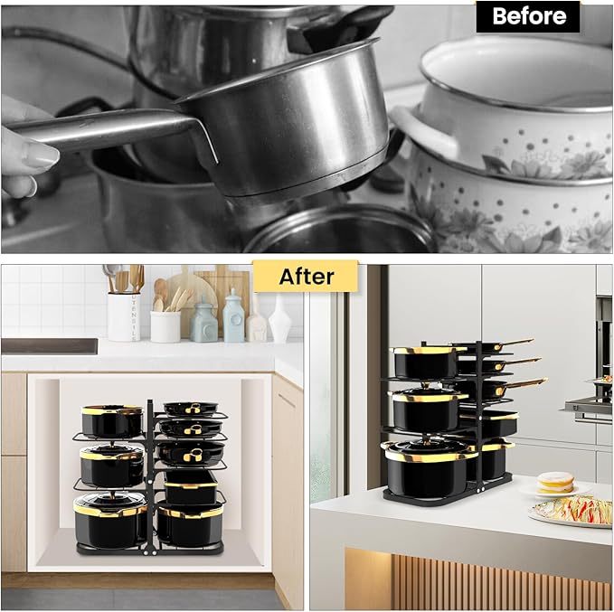 Podxco Heavy Duty Pots and Pans Organizer Under Cabinet: 8-Tier Adjustable Pot and Pan Organizer, Space Saving Pan Organizers Inside Cabinet, 21" Kitchen Storage Pot Rack Organizer for Cast Iron Pan