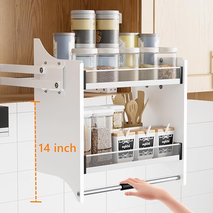 Pull Down Shelf for Kitchen Upper Cabinet, Heavy Duty Cabinet Organizer Large Storage Space, 26-28 Inch Width, White