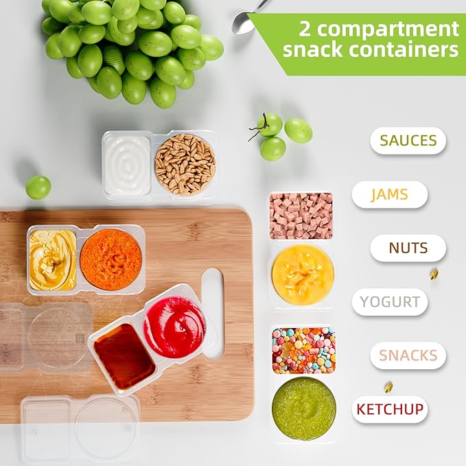 10 Pack Snack Containers, Reusable 2 Compartment Condiment Containers with Lids, Ideal for On-the-Go Mini Sauce Boxes & Lunchable Snack Packs for Kids and Adults, BPA-Free