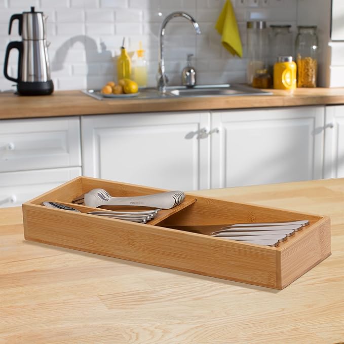 Bamboo Silverware Drawer Organizer, Kitchen Cutlery Tray,Utensil Holder for Spoons, Forks, Knives in Kitchen