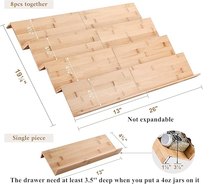 Bamboo Spice Rack Tray - Spice Drawer Organizer for Kitchen Cabinets Storage and Organization (Jars Not Included)