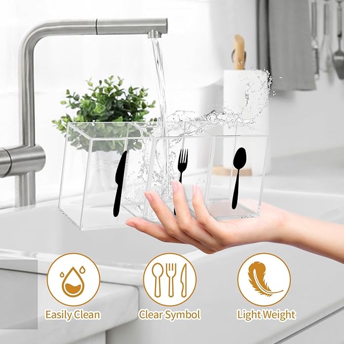 Plastic Utensil Holder, Knife Fork and Spoon Holder Silverware Caddy, Acrylic Kitchen Cutlery Storage Box, Flatware Organizer for Countertop, Indoor Outdoor Party Tableware Holder (Transparent)