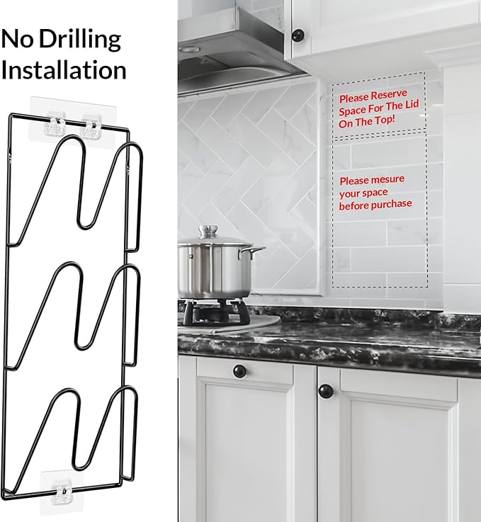 2 Pack Pot Lid Organizer 6-Tier Pots and Pans Organizer Rack for Cabinet Door,Wall & Kitchen Storage No-Drill Adhesive Pot Lid Holder Wall Mount