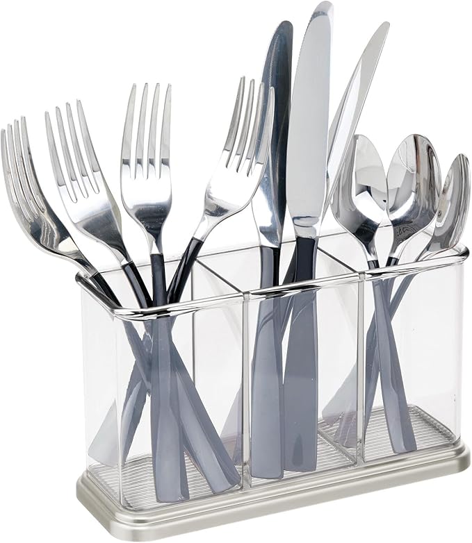 mDesign Plastic Cutlery Utensil Holder Storage Organizer Caddy for Kitchen Countertop Organization - Holds Fork, Knife, Spoon, Silverware - 3 Divided Sections - Hyde Collection - Clear/Brushed