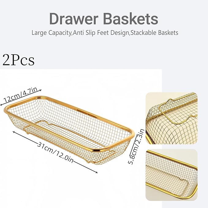 2-Pack Gold Flatware Organizer - Sturdy Mesh Design, Dishwasher-Safe & Easy-Clean Utensil Holder, Silverware Container Drawer Storage