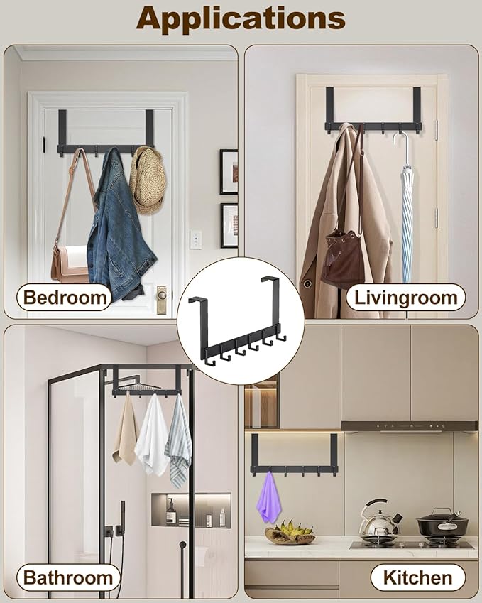 2 Pack Over The Door Hooks, Sturdy Door Hanger, Large Over The Door Towel Rack with 6 Hooks, Heavy Duty Easy to Install, for Bathroom, Bedroom,Kitchen,Hanging Towels, Coats (Black).