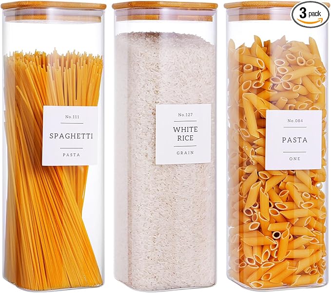 3 Pack Square Glass Kitchen Storage Jars with Airtight Bamboo Lids and 132 Pantry Labels - 80oz Glass Canisters with Wood Lids - Glass Food Storage Containers for Spaghetti, Pasta, Fettuccine