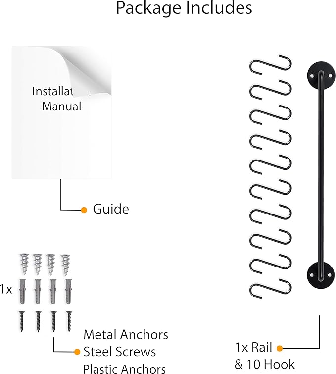 Wallniture Cucina 16" Wall Mount Kitchen Organization Storage Rail with 10 S Hooks for Hanging Pots and Pans Set and Lid Organizer, Black