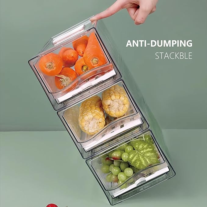 2 Pack Refrigerator Organizers and Storage with Drain Board, Stackable Fridge Organizer Clear for Produce Fruit Food, Drinks, Meat,Vegetable Storage in Barbecue Shop, Restaurant,,BPA Free