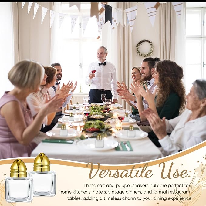 Maxcheck 50 Pcs 0.5 oz Small Cube Shape Salt and Pepper Shakers with Tone Tops Clear Mini Glass Seasoning Jars Spice Salt Shakers with Funnel for Home Wedding Party Restaurant Kitchen (Gold)