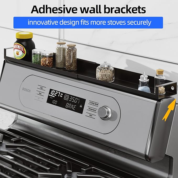 Spice Rack, Magnetic Stove top Shelf, Over the Stove Spice Rack, Adjustable 15-30 In, for Kitchen Shelves, Seasoning Organizer, Matte Black