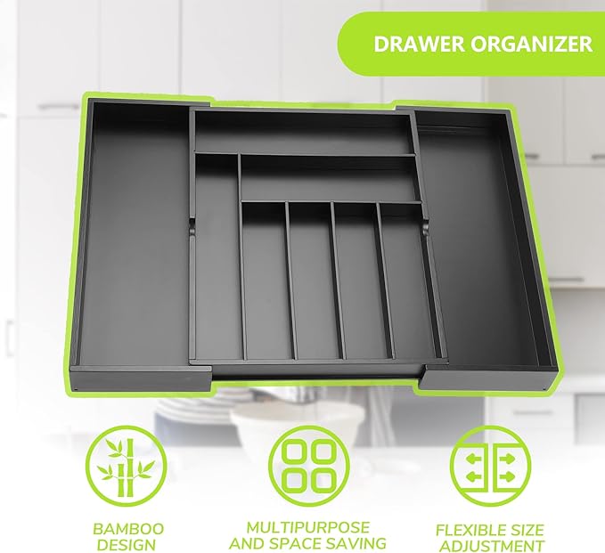 BAMEOS drawer organizer flatware organizer cutlery tray silverware organizer expandable adjustable bamboo drawer organizer kitchen bathroom