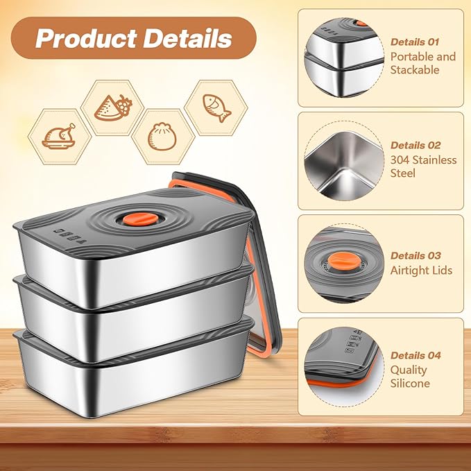 8 Set 60oz Stainless Steel Food Storage Containers Reusable Metal Meat Marinating Container with Lids Fruit Lunch Storage Box for Leftovers,dishwasher and Freezer Safe 1800ml