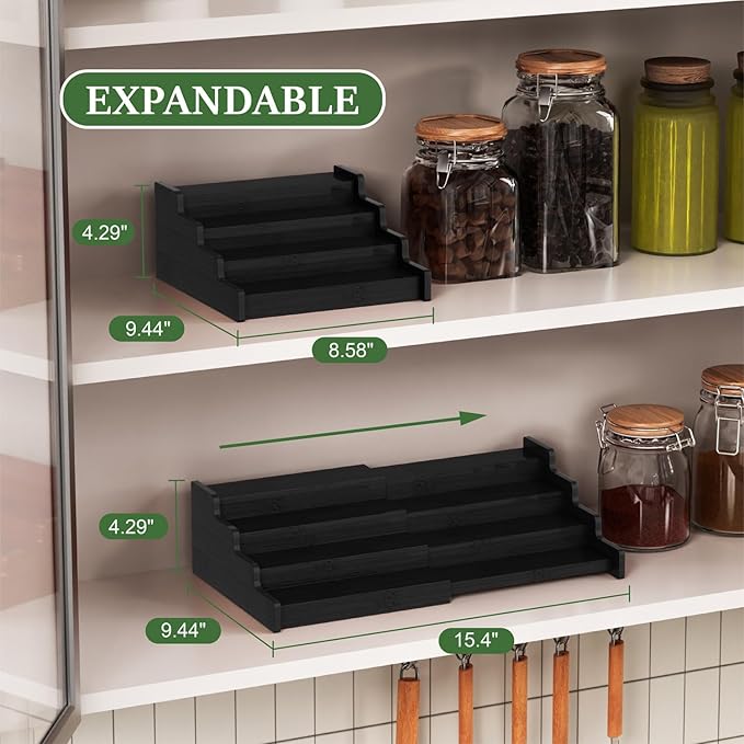 Spice Rack Organizer for Expandable 4-Tier, 2 Pack Adjustable Bamboo Spice Storage for Kitchen Cabinet, Pantry and Countertop Organization, Black