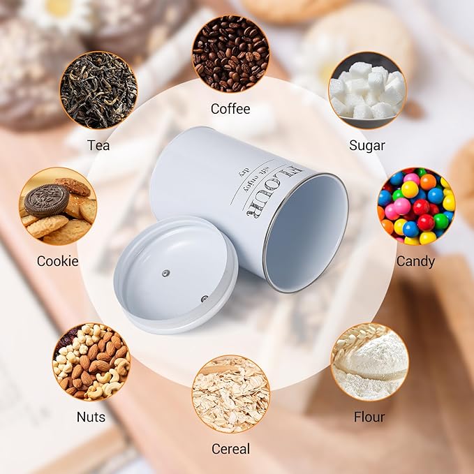 GarveeHome 3 Pcs Flour Sugar Tea Canister Set, Vintage Food Sealed Storage Jars with Airtight Lids, Rustic Metal Kitchen Canisters Set for Flour, Sugar, Tea, for Countertop Farmhouse Decor, White