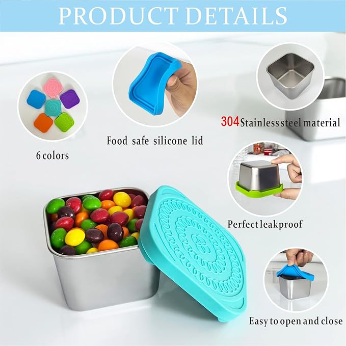 F.Y.Dreams 304 Stainless Steel Snack Containers for Kids, (6oz, Set of 6) Stackable Small Food Containers with Leakproof Silicone Lids, Metal Toddler Lunch Boxes for Daycare and School