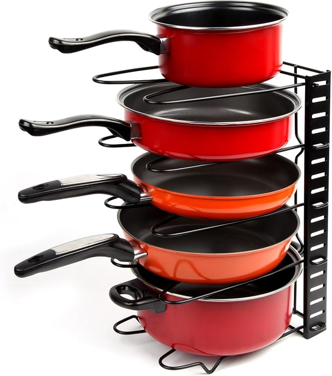 Vdomus Adjustable Pots and Pans Rack for Kitchen - Height Adjustable Rack - Kitchen Cookware Storage - Cabinet and Pantry Pan and Pot Lid Holder Organizer - Black Metal (Black) - 8.3"D x 15"W x 10"H