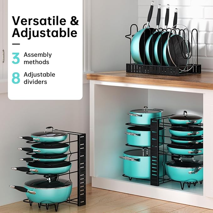 MUDEELA Pots and Pans Organizer Rack under Cabinet with 3 DIY Methods, Adjustable Pot Pan Rack with 8 Tiers for Kitchen Cabinet Organizers and Storage