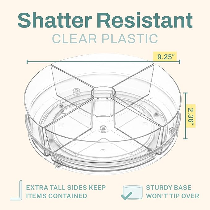 Home Intuition Round Plastic Lazy Susan Turntable Food Storage Container for Kitchen (4 Removable Bin, 1 Pack)