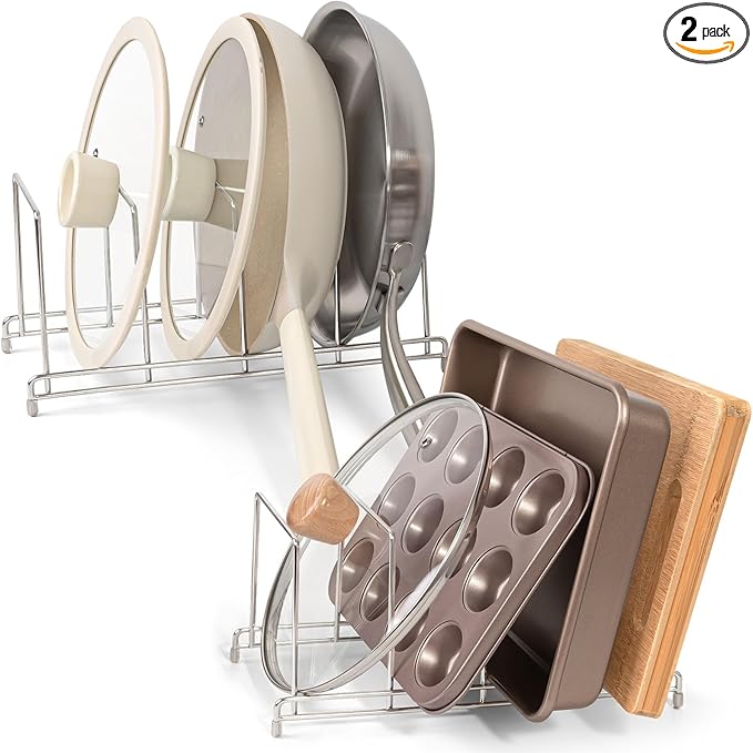 304 Stainless Steel Pot Lid Holder Cutting Board Pan Organizer, 2-Pack, Kitchen Rack for Baking Sheets, Plates, Trays, Counter Top Cabinet Drawer Cupboard Organization and Storage