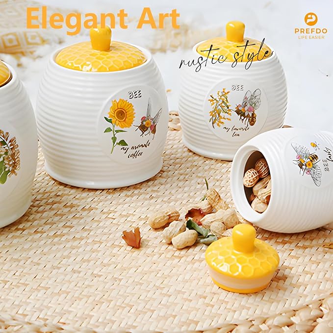 Kitchen Storage Canisters Honey Bee & Flower Pattern Ceramic Tea Coffee Sugar Storage Canister Jar with Airtight Lid for Home Modern Kitchen, 780ml/26oz, Large