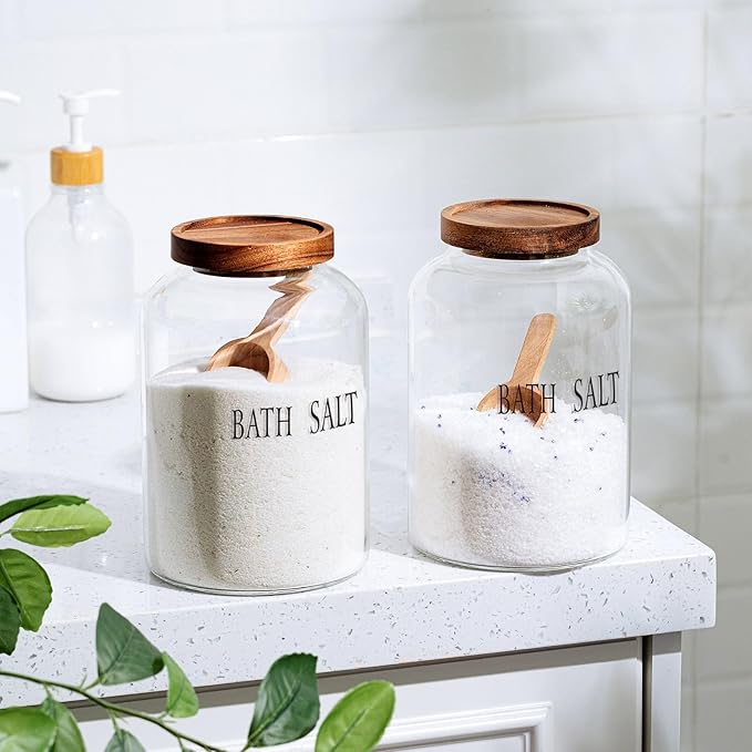 1 Sets 74 oz Large Bath Salt Container with Wooden Scoop for Glass Bath Salt Jar with Airtight Lid Storage Canister for Food, Flour, Sugar, Cookie, Kitchen