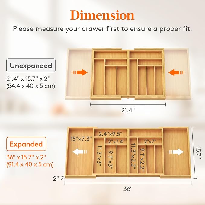 Lifewit Large Silverware Drawer Organizer, Expandable 21.4 to 36 Inches Wide, Bamboo Utensil Tray for Kitchen, Adjustable Flatware and Cutlery Holder for Spoons Forks Knives, 13 Compartments, Natural