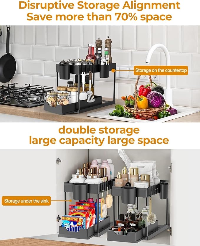 2 Pack Under Sink Organizers and Storage Bathroom, 2 Tier Under Sliding Kicthen Cabinet Basket Organizer with Hooks, Hanging Cup, Dividers, Handles, Multi-purpose Under Sink Shelf Organizer