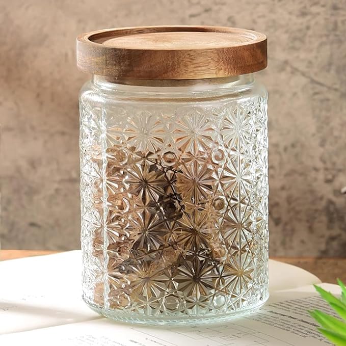 Vintage Glass Jars with Wooden Lids, 2 Pack 24 oz Airtight Glass Food Storage Containers Sets for the Kitchen, Sugar Coffee Candy Spice Cookie Tea Pasta